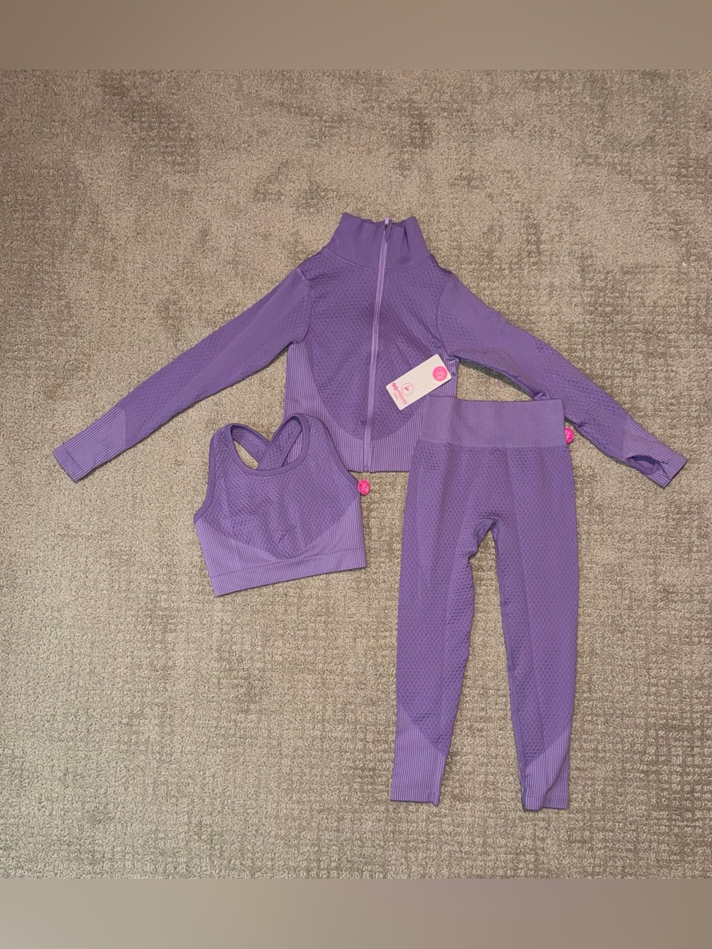 New Kids Purple Athletic Seamless 3pc Set Zip Jacket Leggings Bra Size 7/8